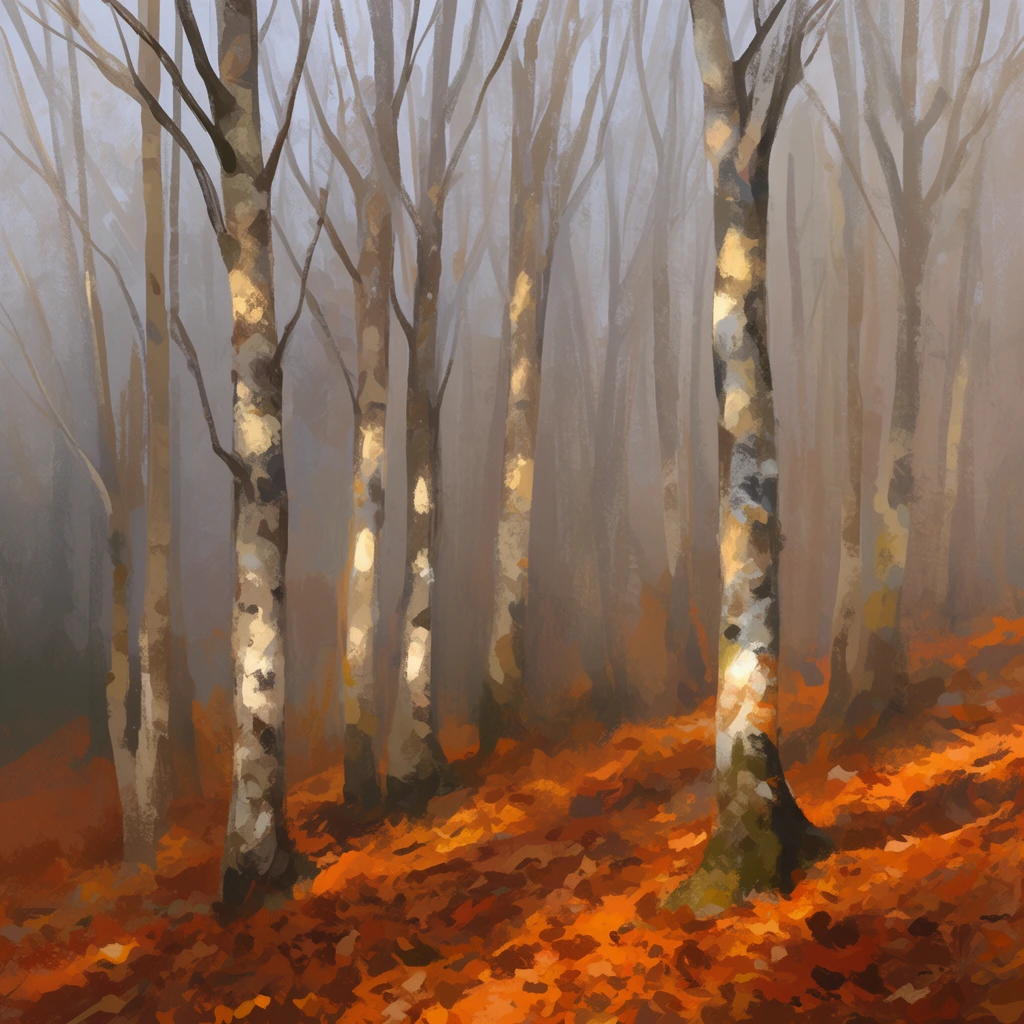 misty autumn forest, slender bare trees with textured white bark, dappled sunlight on trunks, ground covered in vibrant orange and brown fallen leaves, soft atmospheric fog in deep background, impressionistic digital painting, visible brushstrokes, muted earthy palette
