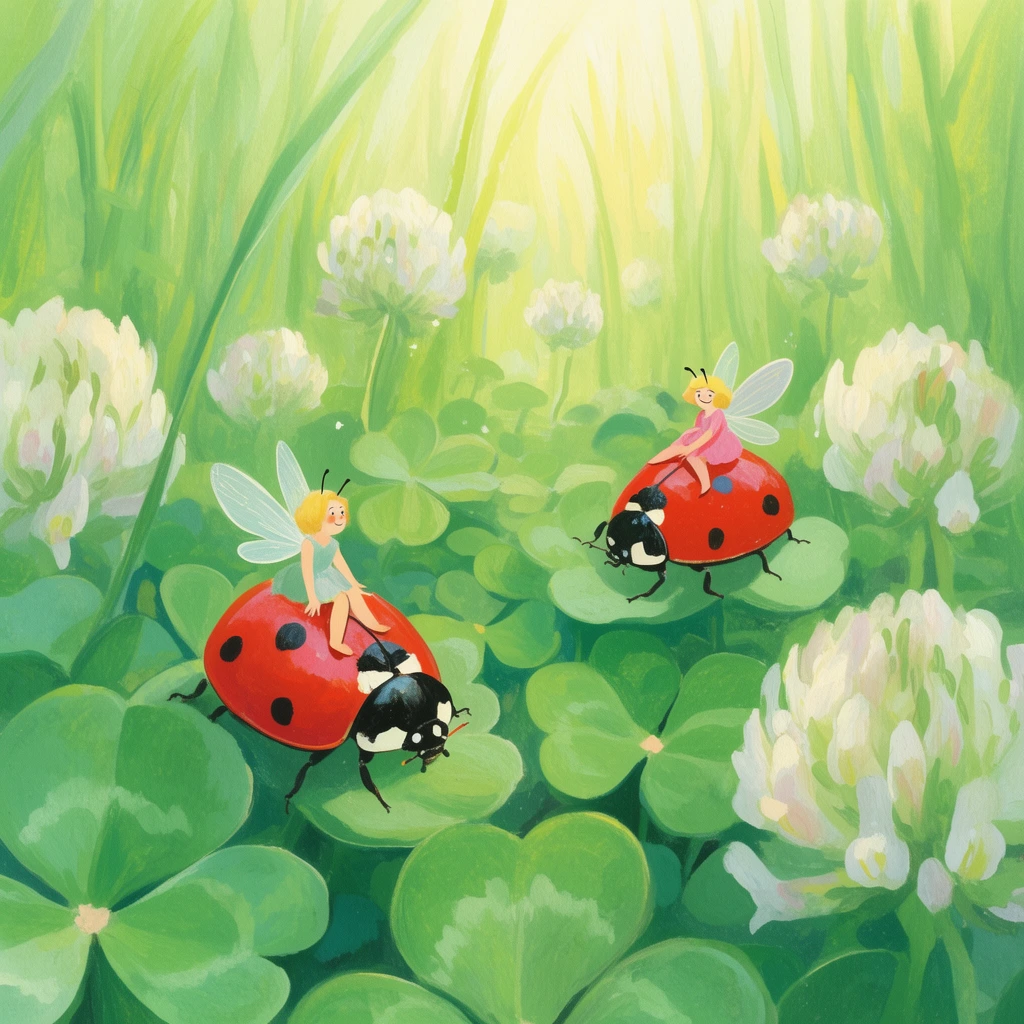two tiny blonde fairies with small antennae riding giant red ladybugs, navigating a dense macro-perspective meadow of oversized green clovers and white blooming flowers, whimsical children's book illustration style, soft pastel color palette of bright green and pale yellow, gouache painting texture, ethereal lighting filtering through tall grass, magical miniature fantasy landscape