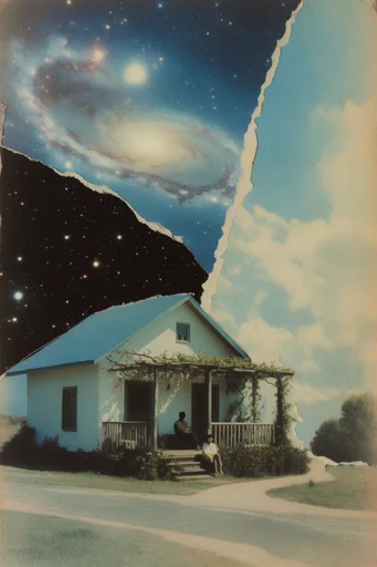 Cosmic Paper Surrealism style reference image — vintage print texture