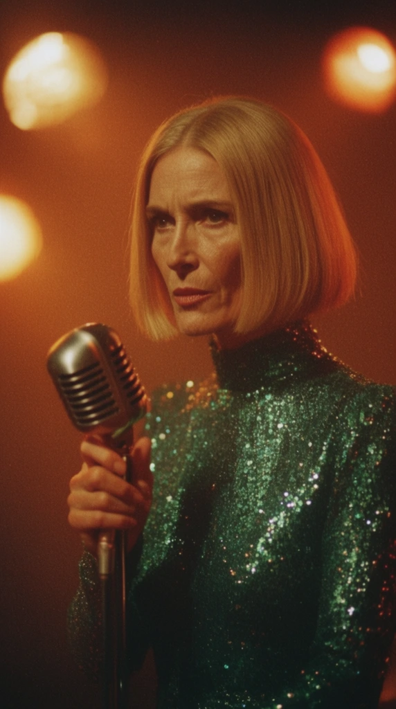 A middle-aged woman with a sharp chin-length blonde bob stands illuminated by warm hazy stage lighting. She has striking angular facial features with an intense focused expression and wears a glittering emerald-green sequined evening gown with a high collar. She tightly grasps a vintage silver ribbon microphone in the foreground. The atmospheric scene is bathed in a deep amber and burnt orange glow, punctuated by three large heavily blurred circular stage lights glowing in the soft-focus background. The cinematic composition features a strong 1970s aesthetic, characterized by a shallow depth of field, prominent light halation around the background fixtures, rich contrast, and heavy textured 35mm film grain.