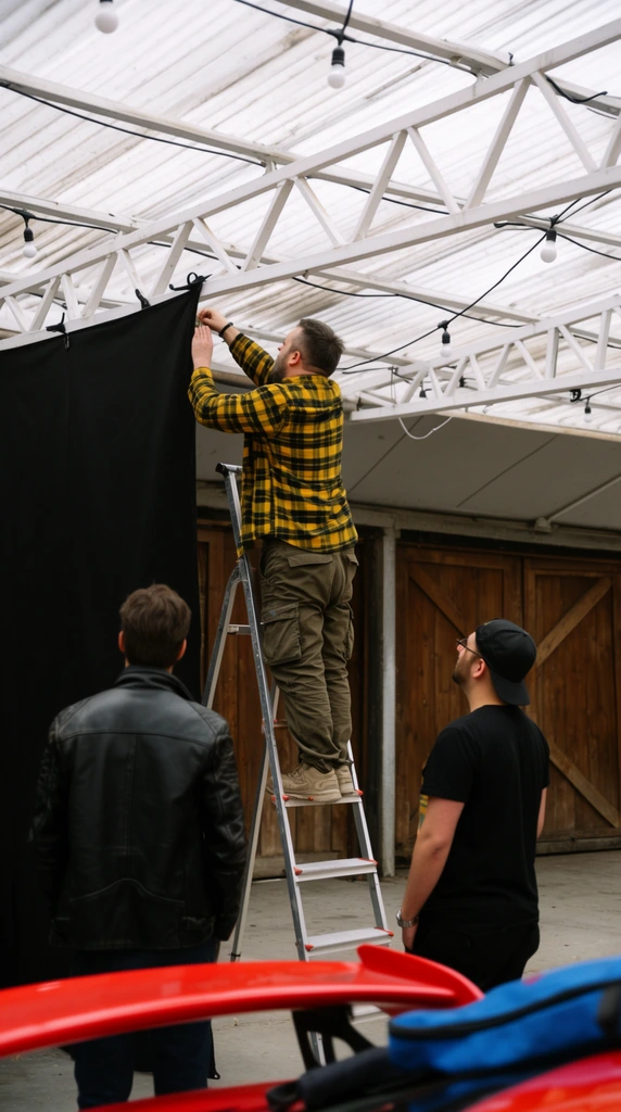 man standing on a tall silver step ladder adjusting a suspended black fabric screen, wearing a yellow and black plaid shirt and cargo pants, reaching toward a white metal roof truss, translucent corrugated ceiling with hanging bare lightbulbs, two men on the concrete floor observing him, one wearing a black leather jacket, another in a black t-shirt and backward cap, wooden barn doors in background, blurred red car spoiler and blue equipment bag in foreground, documentary style photography, candid lighting setup