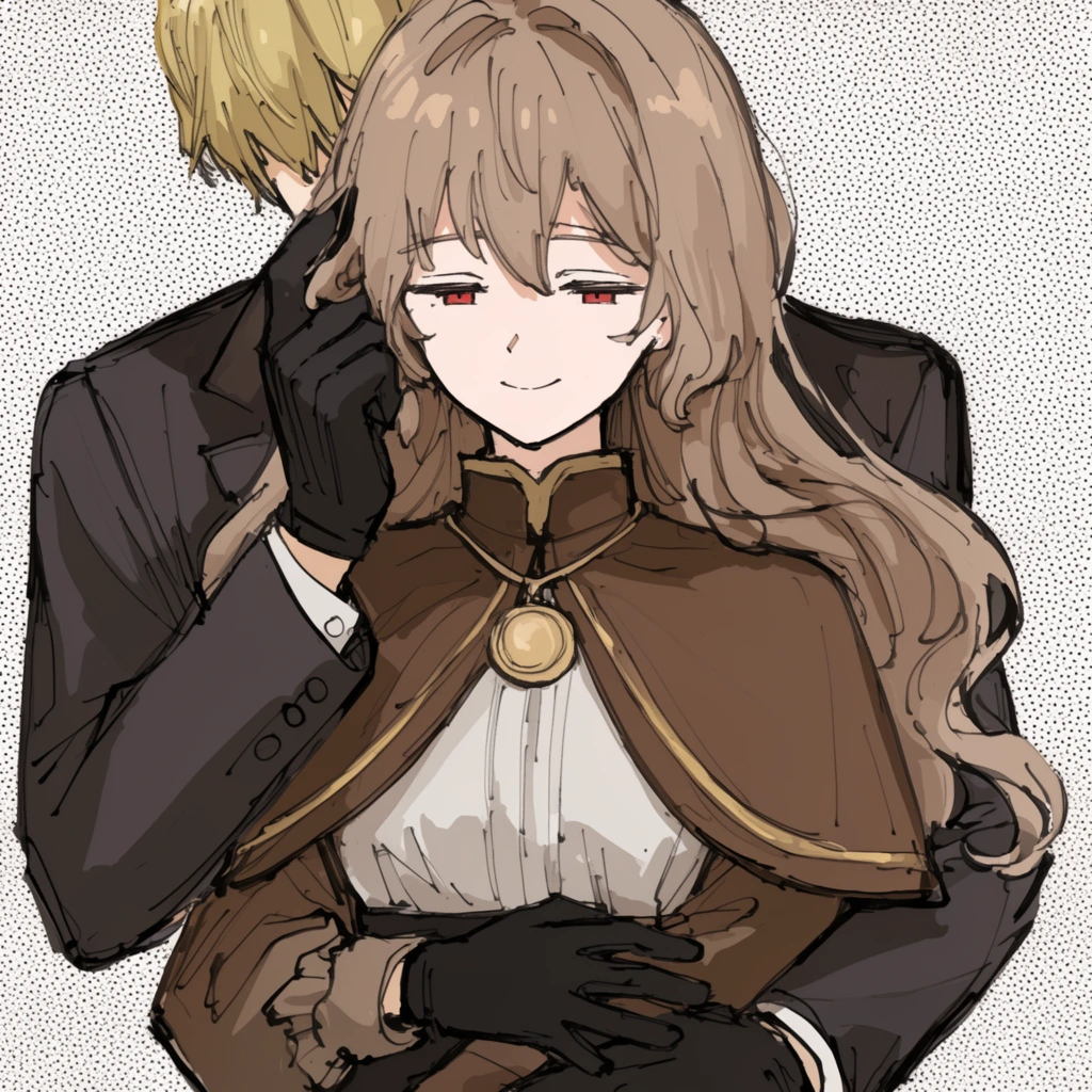 An anime-style illustration of a young woman and man in a close embrace against a dotted screentone background. The woman features long wavy light brown hair, half-closed red eyes, and a soft smile. She wears a brown high-collared capelet with gold trim over a white blouse, a round gold pendant, and black gloves. Behind her, a partially visible blonde man in a dark suit wraps his arms around her waist, his black-gloved hand gently touching her face. The artwork utilizes rough, expressive line art and a muted earthy color palette of browns and greys with simple cel shading.