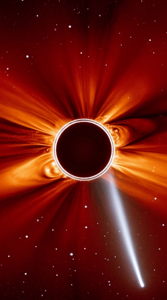 coronagraph image of the sun, dark central occulting disk, thin white ring marking the sun's surface, bright orange and red coronal streamers radiating outwards, brilliant white comet with a long tail plunging towards the sun in the lower right, scattered white stars against a deep red background