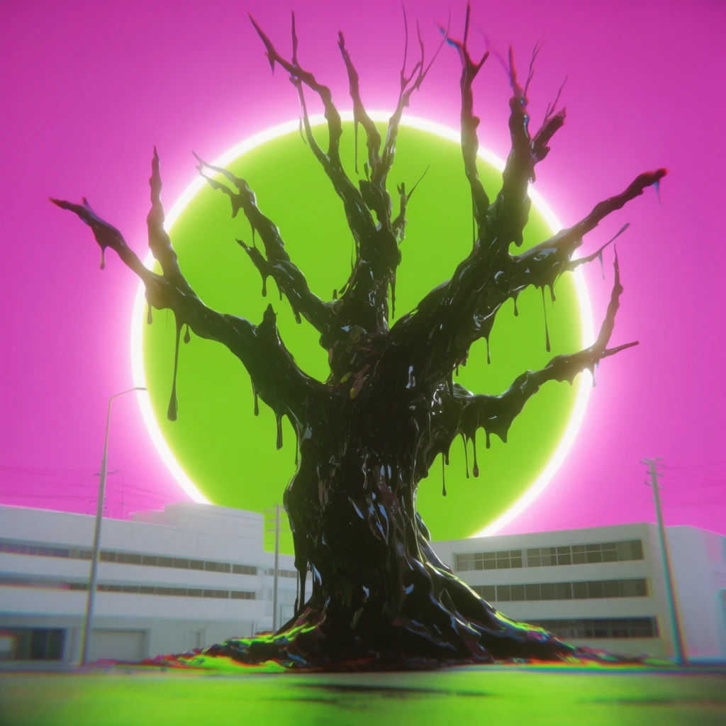 A towering, gnarled tree composed of a dripping, glossy black substance stands in a surreal neon urban landscape. The twisted, bare branches ooze thick, viscous dark liquid with sharp specular reflections. Behind the structure, a massive, luminous lime-green orb dominates a flat, vivid magenta sky, encircled by a radiant white aura. At the base, stark white low-rise buildings with horizontal strip windows and thin utility poles contrast the organic slime. The flat foreground reflects the intense green light. Rendered in a striking 3D digital aesthetic, the low-angle composition features a stark synthwave color palette and subtle chromatic aberration causing color bleeding along the high-contrast edges.