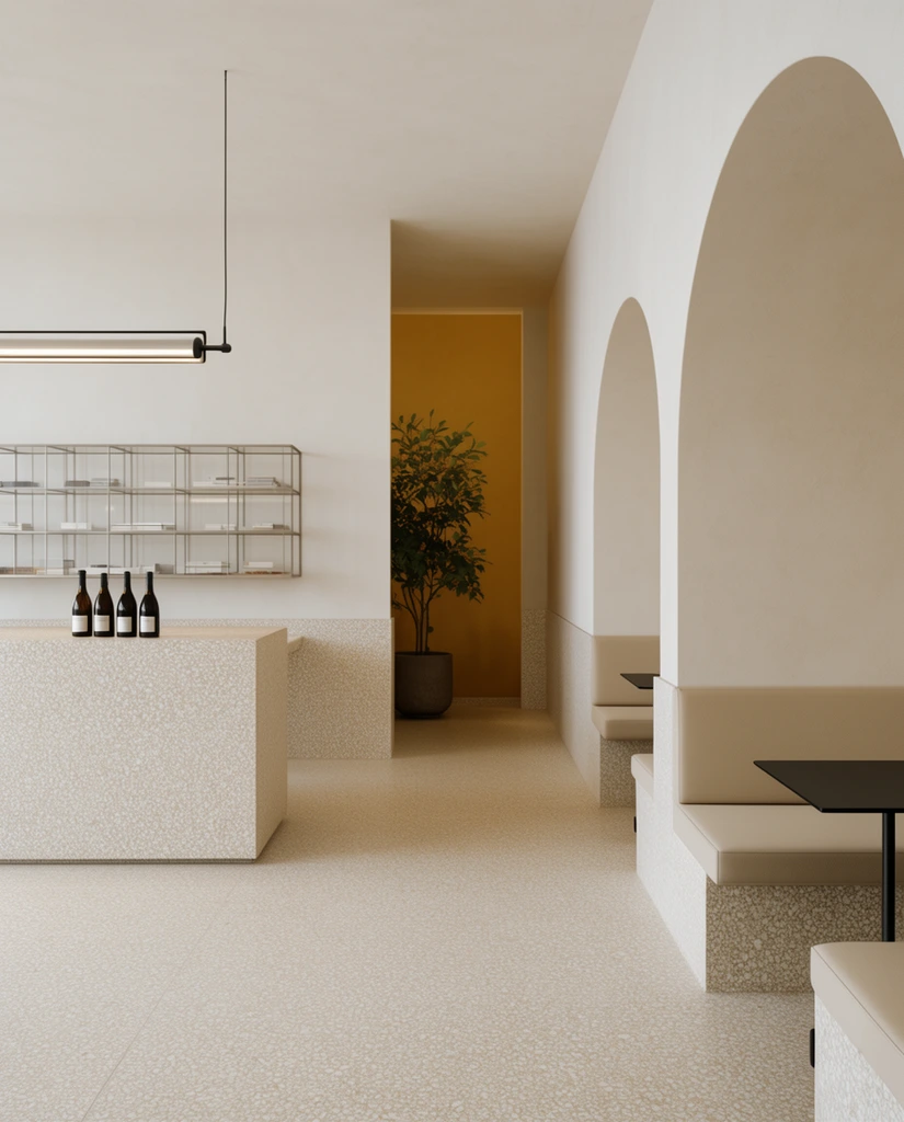 A minimalist interior featuring pale beige terrazzo flooring that seamlessly forms wainscoting and a large rectangular counter. Four dark bottles rest on the counter beneath a sleek horizontal tubular pendant light, backed by a delicate metal glass-display shelf. To the right, a thick wall presents two deep arched alcoves sheltering built-in beige benches and thin black square tables. A recessed background corridor reveals a leafy potted plant against a warm mustard-yellow wall. Soft diffused daylight bathes the serene, highly geometric architectural composition.