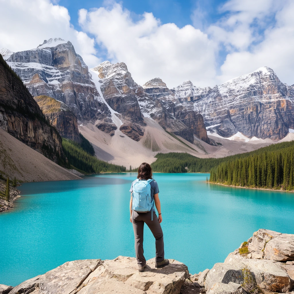 A hiker with a light blue backpack stands on a rocky outcrop overlooking a vibrantly turquoise glacial lake. Viewed from behind, she gazes into a vast valley flanked by towering, snow-dusted mountains with stratified rock faces. Dense dark green coniferous forests blanket the lower slopes and edge the brightly colored water. The bright daytime wide-angle photograph utilizes deep focus under a partly cloudy blue sky to highlight the immense scale and vivid natural color palette of this pristine alpine landscape.