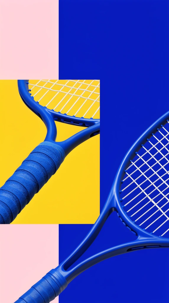 A striking graphic composition featuring a split pale pink and cobalt blue background. On the left, a bright yellow square inset displays a 3D close-up of a blue tennis racket handle and white strings. Another blue racket angles diagonally across the lower right. Flat, bold color blocking contrasts with realistic equipment textures.