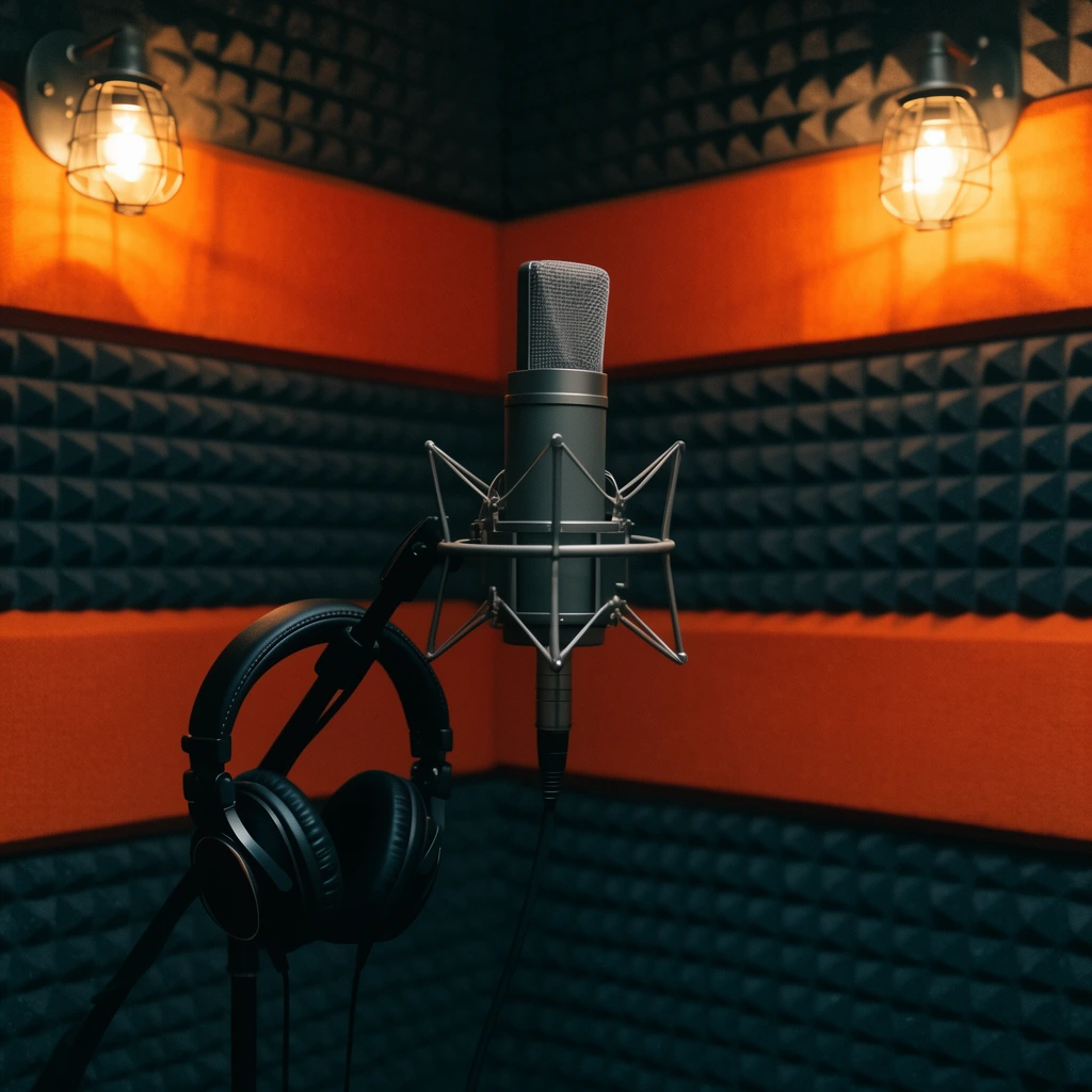 condenser microphone in a shock mount, black studio headphones hanging on a mic stand, recording booth corner, alternating horizontal bands of dark grey acoustic foam and orange panels, two industrial wire-cage wall sconces emitting warm light, cinematic moody atmosphere