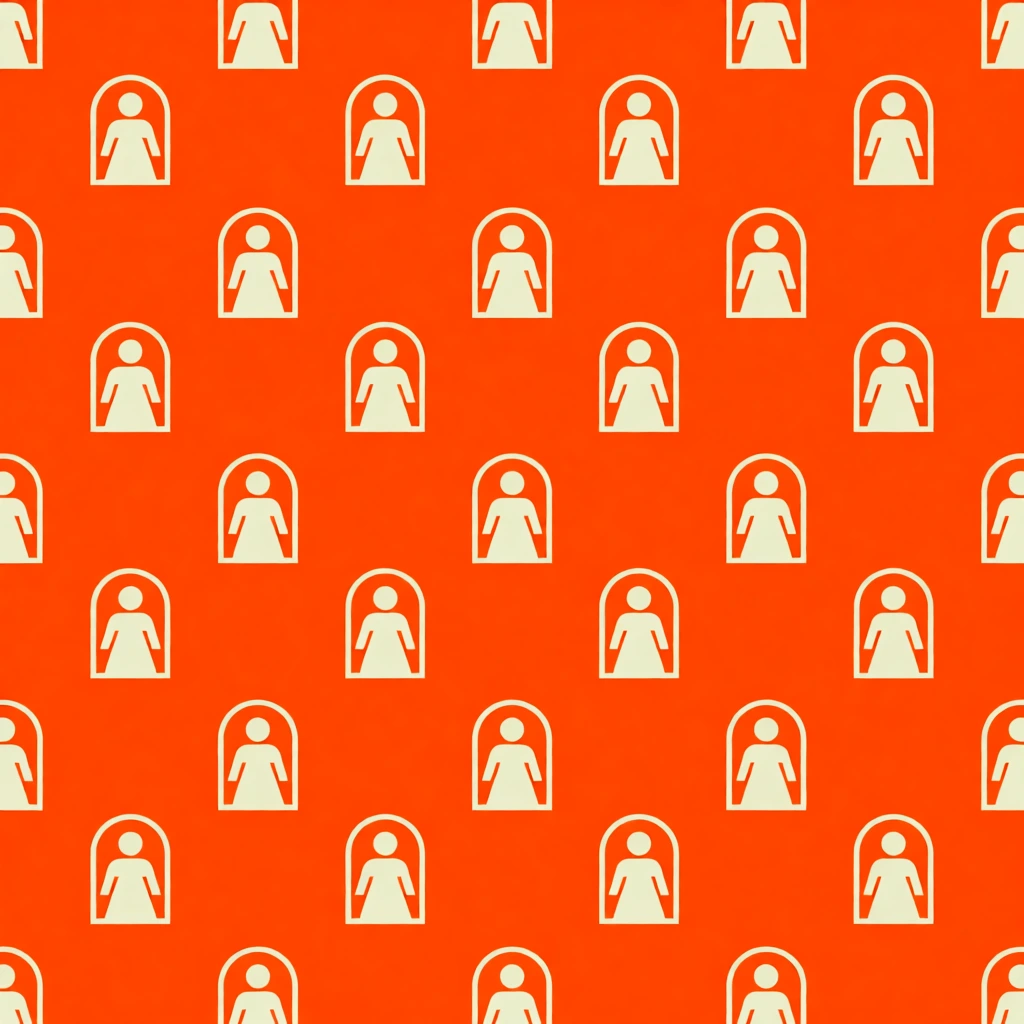 flat minimalist vector illustration, vibrant cadmium orange background representing a dark structure, repeating pattern of pale cream icons depicting a woman framed by minimalist archways, staggered grid composition, 2d graphic design, no depth or shadow, high-contrast two-tone palette, mid-century modern textile aesthetic, clean geometric repetition, matte finish, sharp edges, simplified architectural silhouettes, rhythmic visual cadence, uniform mathematical spacing.