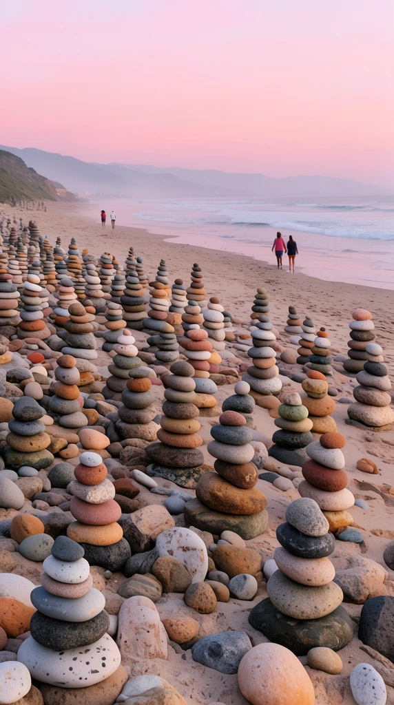 dense field of balanced rock towers on a sandy beach, smooth multicolored stones, distant figures walking by gentle ocean waves, hazy mountains, soft pink twilight sky