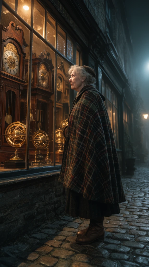 elderly woman in a heavy wool tartan cape and leather boots, standing on a cobblestone alleyway, gazing into an antique clockmaker's window, intricate grandfather clocks and glowing brass astrolabes, warm amber light spilling onto the street, cool misty moonlight, low angle wide shot, cinematic lighting, moody atmosphere