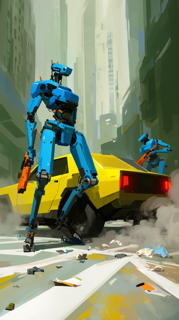 Two slender blue robots with orange weapons secure a futuristic street next to a blocky yellow vehicle. The foreground machine stands tall on mechanical legs, while the second crouches near the glowing red taillights of the car. The ground features angled white lines, scattered debris, and billowing smoke. The digital painting uses bold brushstrokes and a low-angle perspective, contrasting the cyan figures and yellow transport against towering pale green and grey city buildings.