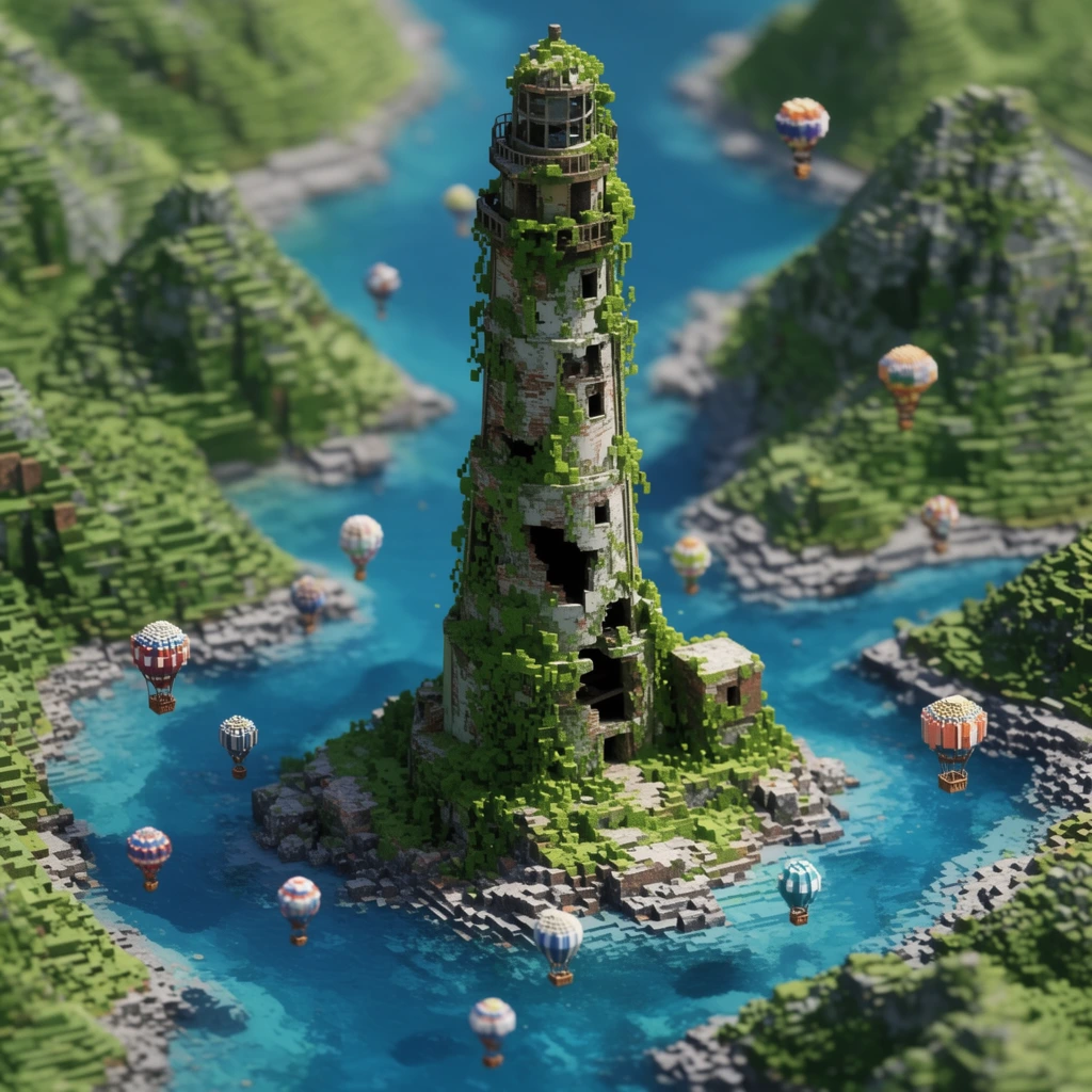 colossal ruined voxel lighthouse overgrown with pixelated green vines on a central island in a branching azure river, fleet of tiny voxel hot air balloons floating above the water navigating around the ancient structure, blocky terraced green mountains, stepped rocky shores, 3D pixel art rendering, high-angle perspective, tilt-shift effect, shallow depth of field, miniature aesthetic, crisp lighting