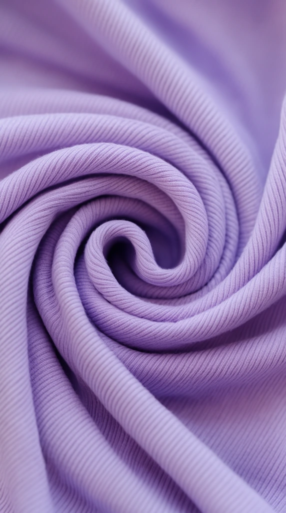 A macro shot of light purple ribbed knit fabric swirled into a tight, rose-like spiral. Soft, diffused lighting highlights the fine parallel texture along undulating ridges while casting deep shadows into the central vortex. The smooth lavender textile fills the frame, with a shallow depth of field subtly blurring the outer folds.