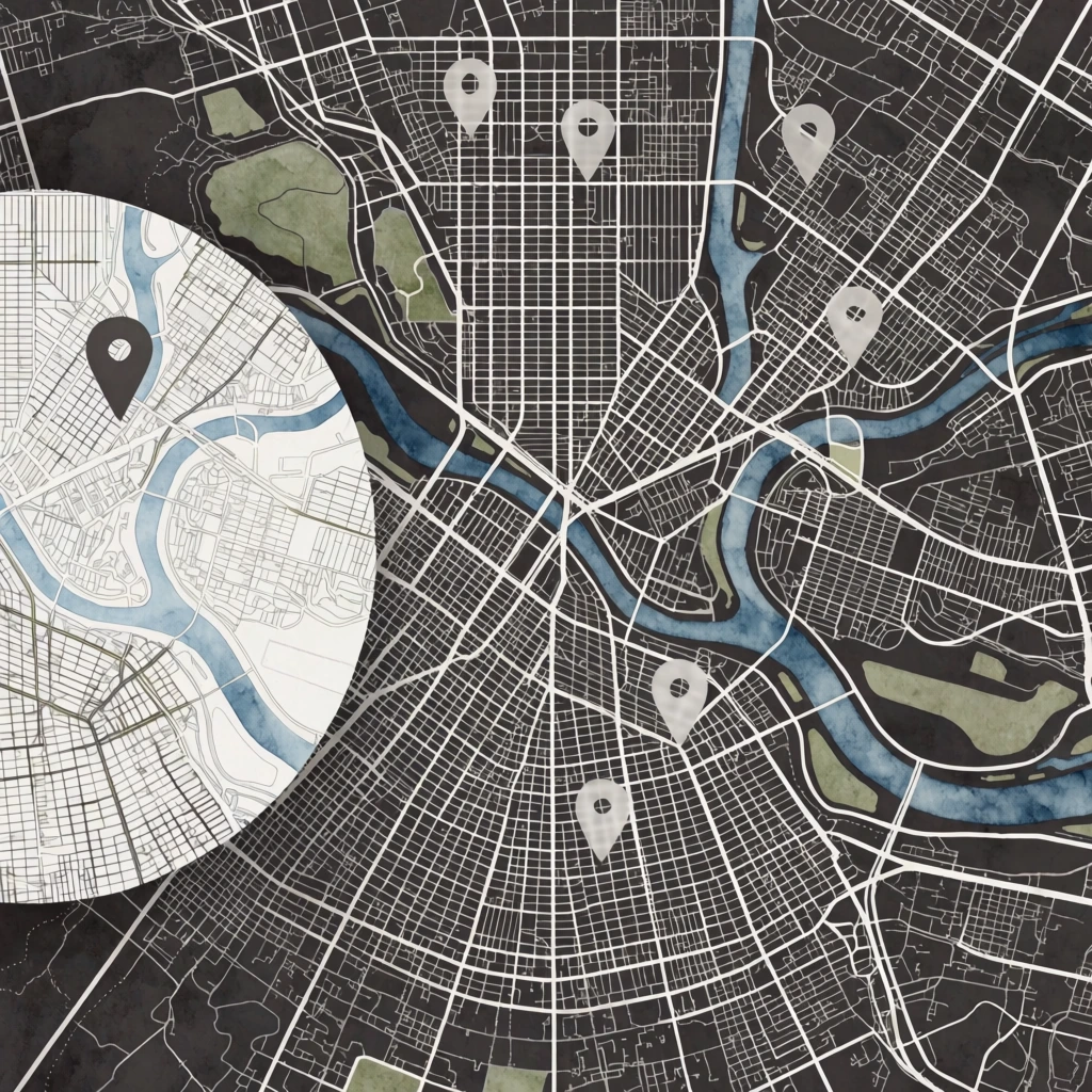 A stylized city map rendered with intricate white line art over a textured charcoal background. The dense urban grid is intersected by watercolor-textured blue rivers and muted olive green parks. Several translucent, light gray teardrop location pins are scattered across the dark terrain. On the left, a prominent circular inset displays a magnified, inverted cartographic view with a light background, delicate dark street lines, and a single solid dark gray location pin. The composition blends precise topographic drafting with modern minimalist graphic design aesthetics.