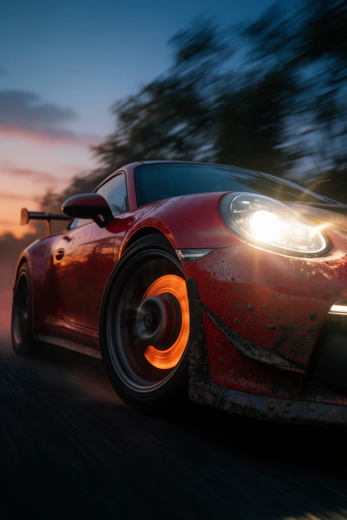 low angle tracking shot of a speeding red sports car, motion blurred spinning front wheel, glowing orange hot brake rotor, bright illuminated headlight cutting through dusk, dirt and grime splattered across the red front bumper, prominent rear wing spoiler, high-speed action, dark asphalt road, motion blurred trees in background, twilight sky with orange and blue gradients, cinematic lighting, photorealistic rendering, lens flare, gritty texture, dynamic composition