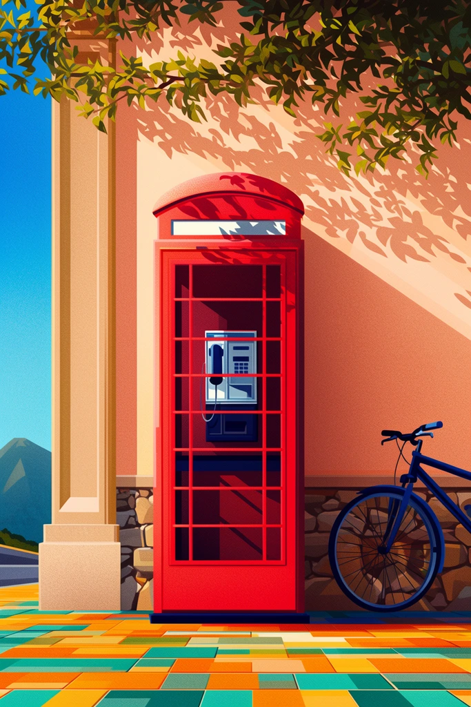 A stylized digital illustration features a bright red, multi-paned public phone kiosk standing against a sunlit peach stucco wall. A dark blue bicycle rests to the right of the kiosk above a rustic stone base. A thick architectural pillar on the left frames a distant mountain under a clear cerulean sky. Overhanging leafy branches cast intricate, dappled shadows across the upper wall and the domed roof of the kiosk. The foreground sidewalk is composed of geometric, brightly colored rectangular blocks in shades of teal, orange, and golden yellow. The artwork employs a crisp mid-century modern aesthetic with bold color blocking, subtle stipple texturing, and sharp, high-contrast diagonal shadows emphasizing the intense, warm sunlight.