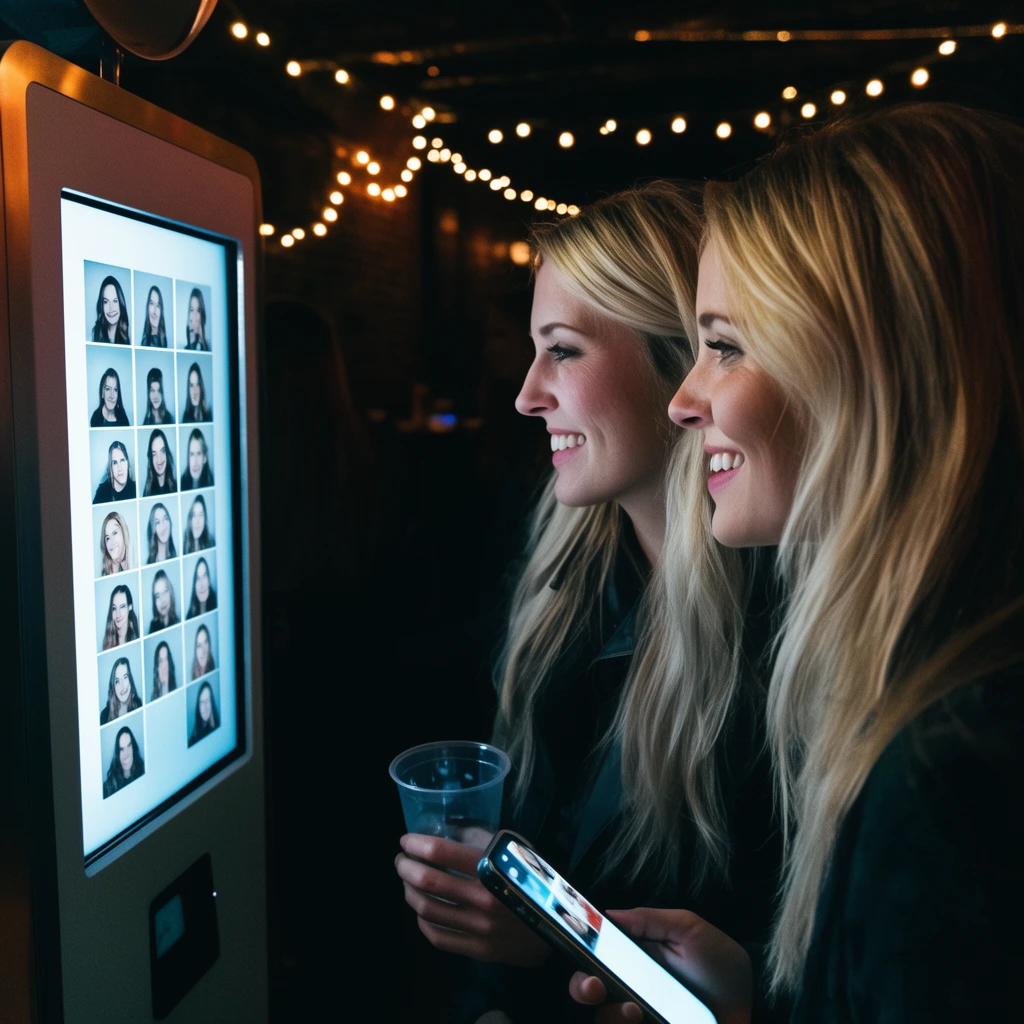 Two women with long blonde hair smile at the bright screen of a photo booth in a dimly lit venue. The screen displays a vertical strip of portrait photos. One woman wears a dark jacket and holds a clear cup alongside a glowing smartphone. Blurred, warm string lights hang from the dark ceiling in the background. High contrast lighting uses the cool glow of the machine to illuminate their profiles against the shadowy environment. Captured from a close side-profile angle.