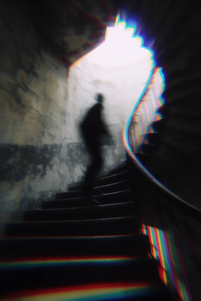 Blurred silhouette ascending a dark spiral staircase toward a glaring white opening. Intense chromatic aberration creates stereoscopic red, cyan, and yellow edges. Extreme motion blur and high contrast against distressed concrete walls produce a disorienting glitch aesthetic.