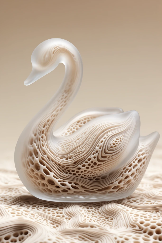A frosted glass swan figurine resting on a street, rendered entirely in a monochromatic warm beige and bone-white 3D parametric style. The swan and the street surface are constructed from flowing topographical contour lines and deeply porous, honeycomb-like voronoi perforations. The smooth, matte glass material is sculpted with organic undulating ridges. Soft, diffused studio lighting casts gentle gradients and deep shadows into the intricate crevices, emphasizing a surreal, highly detailed generative aesthetic.