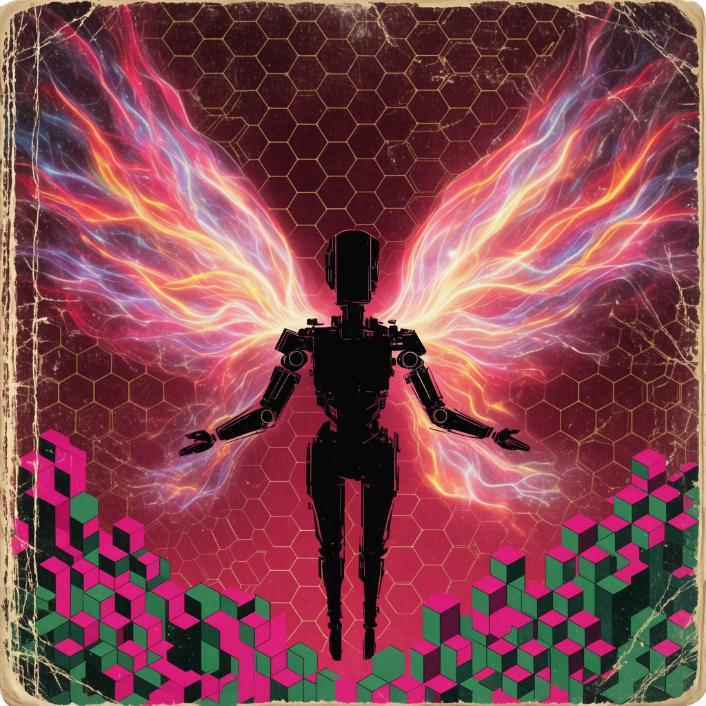 vintage distressed paperback cover graphic, sideways floating robotic silhouette, glowing neon plasma wings, dark crimson and gold hexagonal grid background, worn texture with heavy creases and edge scuffing, 3D isometric pixelated geometric blocks in magenta and green at the lower edge, retro sci-fi aesthetic