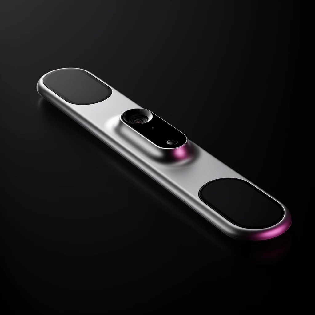 sleek elongated metallic sensor bar floating diagonally in dark void, matte silver finish with rounded edges, central raised black pill-shaped camera module, flat black oval sensor pads at both ends, dramatic low-key studio lighting, subtle magenta rim light on bottom right, soft top illumination showing smooth texture, isometric perspective, minimalist product photography, high-end industrial design