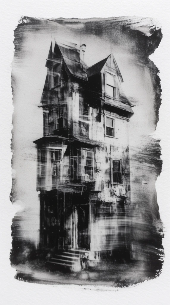 A tall, narrow, multi-level house with varied rooflines and windows is rendered as a distressed, high-contrast black-and-white alternative photographic print with irregular brushed borders. The towering, slender architecture features stacked stories, asymmetrical window placements, and a jagged silhouette of intersecting gables and pitched roofs. The rendering exhibits the raw, physical textures of a liquid emulsion print applied directly onto thick, textured white paper with torn, deckled edges. Deep, inky charcoal blacks contrast sharply with stark white highlights and ash-grey midtones. The architectural details are fractured and abstracted by heavy analog manipulation, including layered double exposures, horizontal motion smearing, and spectral ghosting. Vertical ink drips, gritty film grain, and heavy chemical scratching weather the structure. The outer boundaries of the exposed image form a chaotic, organic frame made of sweeping, uneven brushstrokes of dark photographic chemistry, leaving a wide, stark white border of raw paper framing the central composition.
