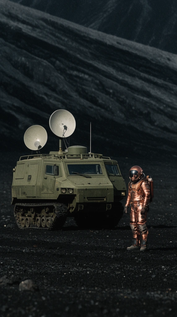 A matte olive tracked exploration vehicle with satellite dishes rests on a black volcanic ash wasteland. An explorer in a copper pressure suit stands nearby. Blurred obsidian ridges fill the background. The cinematic composition features heavy film grain, high-contrast lighting, and a muted palette, creating stark atmospheric tension.