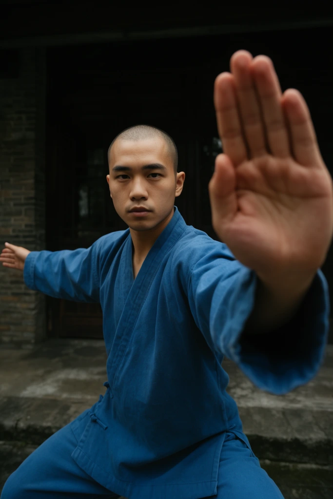 A young, shaved-headed Asian man in a loose blue martial arts uniform performs a wide stance with his left arm extended out of focus directly towards the camera, palm open and facing the viewer. His right arm is extended outwards to his side. He has a focused, serious expression. The background is a dark, out-of-focus exterior of a building with brickwork and dark wooden elements. The lighting is natural and moody, highlighting his face and the texture of his uniform against the dark background, shot with a wide-angle lens for forced perspective on the foreground hand.