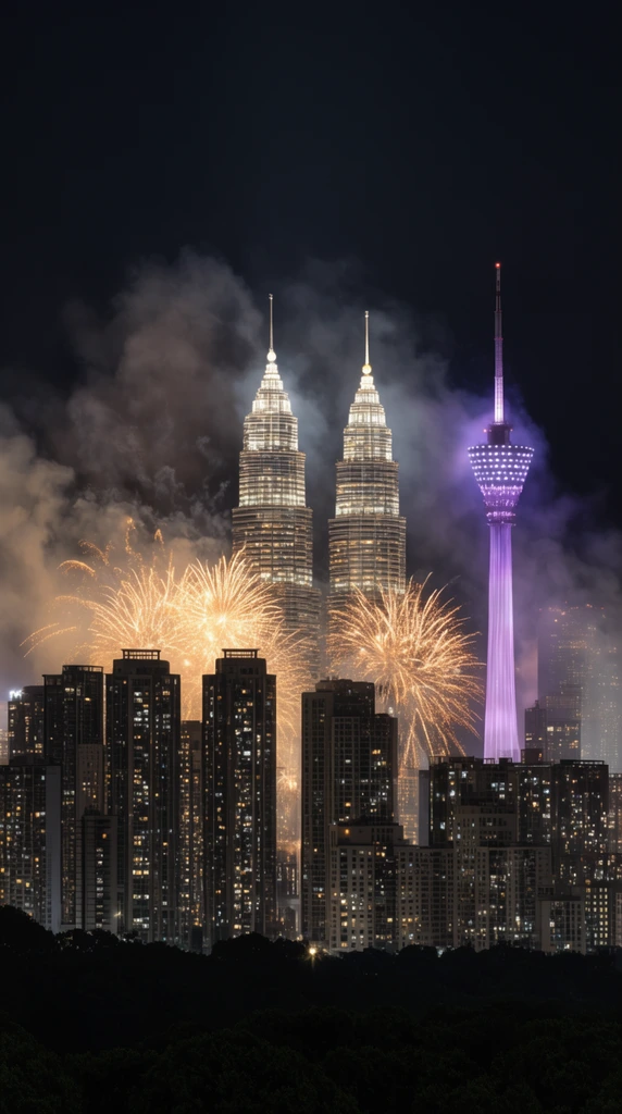Nighttime city skyline featuring glowing twin skyscrapers and a tall communications tower emitting purple light. Golden fireworks explode above dense high-rise buildings, creating thick smoke clouds against the dark sky above a silhouetted tree line foreground.