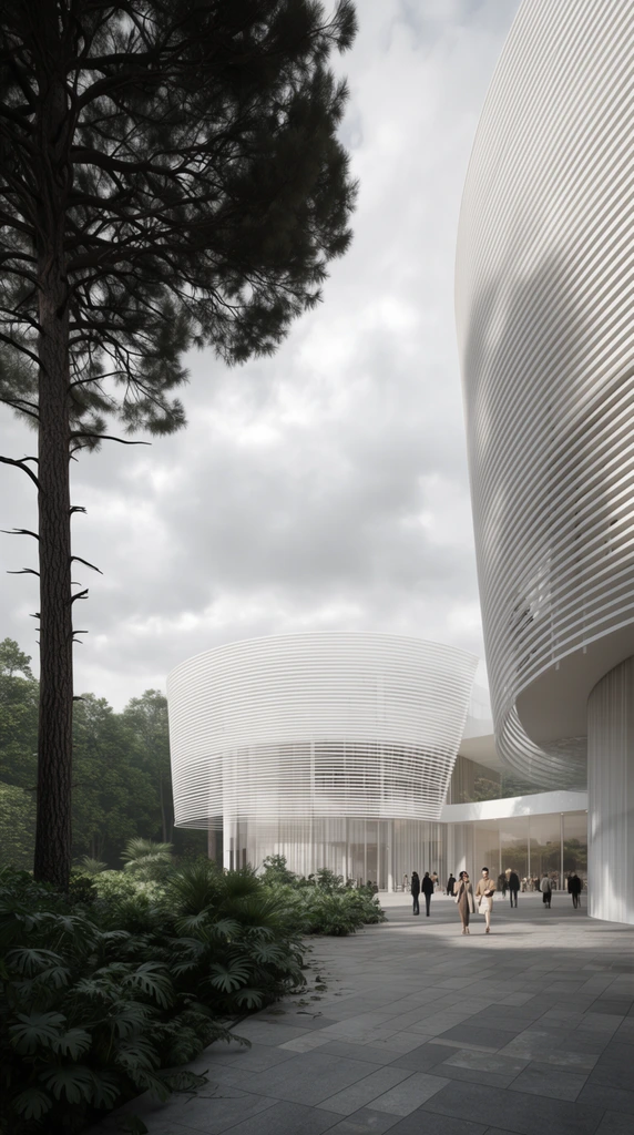 modern architecture with curved white slatted facades, towering dark pine tree, paved walkway with pedestrian figures, lush green foliage, cloudy sky, architectural rendering
