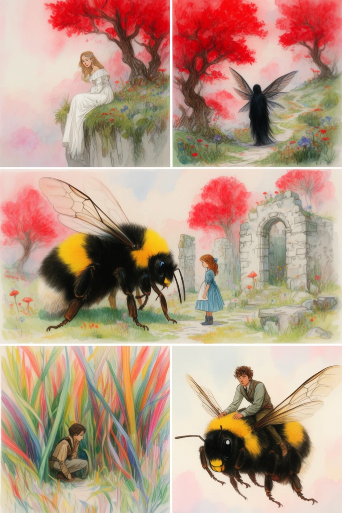 Five whimsical fantasy illustrations rendered in soft watercolor and colored pencil depict tiny humans and giant insects in a dreamlike landscape with vibrant red trees. The sequence shows a woman in a white gown sitting on a cliff, a dark winged figure on a winding path, a massive fluffy bumblebee interacting with a tiny girl near stone ruins, a miniature figure crouching behind oversized colorful grass, and a young man riding a giant flying bumblebee. The artwork features delicate pastel washes and energetic linework.
