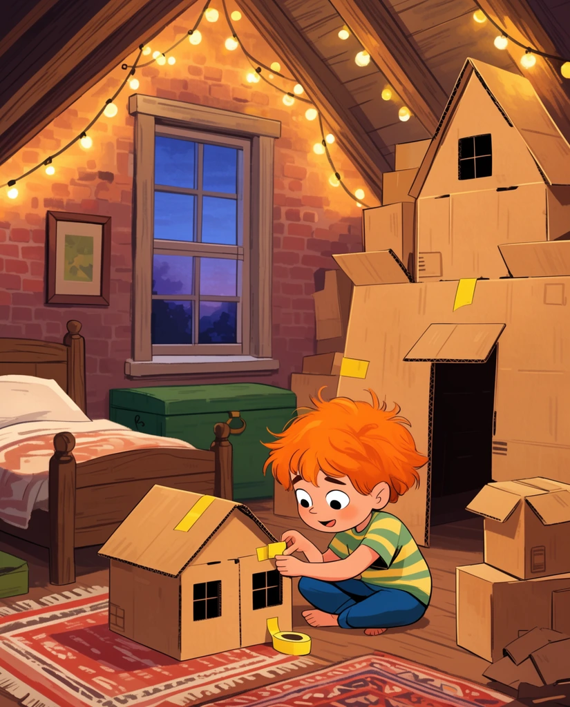 A child with messy orange hair sits on a wooden attic floor, constructing a small cardboard house with yellow tape. A larger cardboard fort rises behind them amid scattered boxes. The cozy bedroom features a wooden bed, a green chest, and a window revealing twilight. Warm string lights illuminate the stylized 2D digital illustration, highlighting exposed brick walls and a patterned rug.