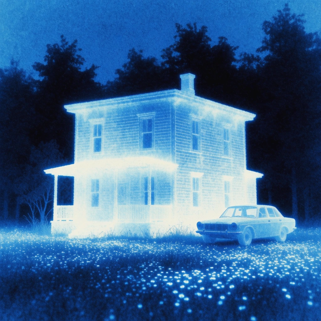 a two-story wooden house with a flat roof and a sedan, captured in a heavy grainy stippled texture, lo-fi pointillist digital aesthetic, glowing with an ethereal cyan and white bioluminescence, set within a dark forest of tall slender trees and a field of shimmering blue flowers, high contrast lighting with deep indigo shadows, dreamlike atmospheric haze, monochromatic blue palette, impressionistic light-emitting silhouettes, noisy pointillism, ethereal glow, dark surrealism.