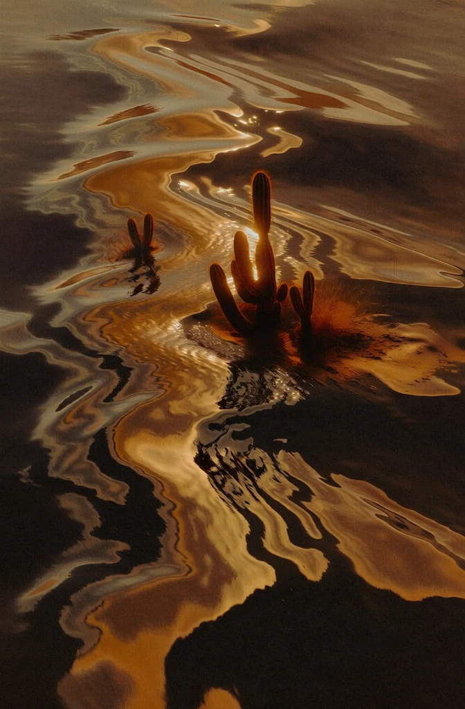several cacti silhouetted against a brilliant sun in a desert, stylized with the undulating liquid texture of molten gold, sand dunes captured as rippling waves of viscous amber and deep ochre, high-contrast chiaroscuro with ink-black shadows, distorted heat haze mimicking fluid surface tension, specular highlights on silhouette edges, ethereal atmospheric perspective, cinematic film grain, monochromatic warm palette of bronzes and metallic yellows, tactile and painterly rendering