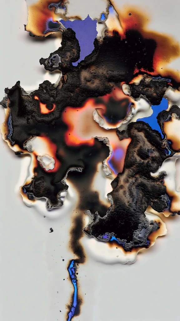 top-down macro photography of thick layered masses of charred black paper and soot, bubbling charcoal textures with glowing orange and red ember-singed edges, vibrant electric blue material peeking through the burnt holes, a single thin vertical trail of dark soot and ash extending downward from the main central mass, high contrast against a clean matte white background, tactile 3d details with studio lighting, organic abstract silhouettes, destructive yet elegant aesthetic.