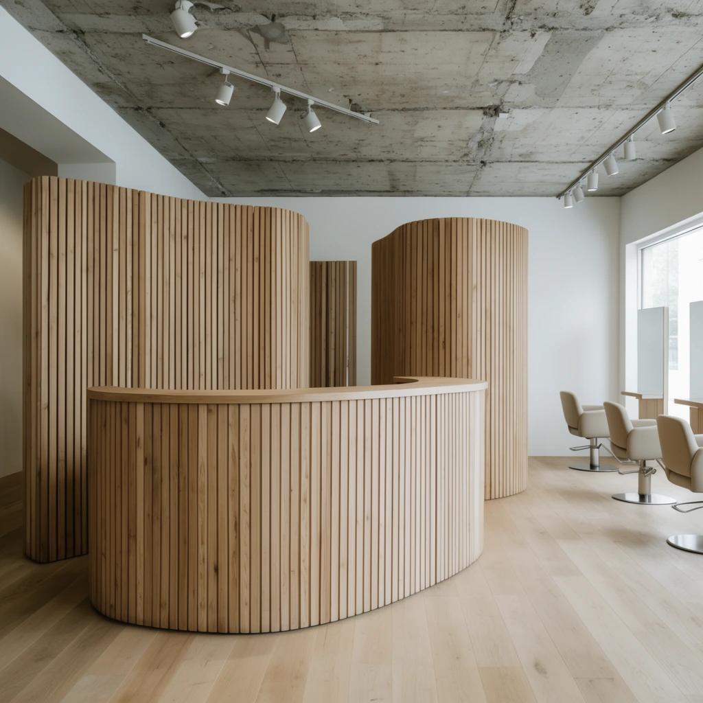 Minimalist hair salon interior centered on a curved reception desk and partitions crafted from light vertical wooden slats. Pale oak floors and white walls contrast with a raw exposed concrete ceiling and track lighting. Sleek styling chairs rest in the naturally lit background.