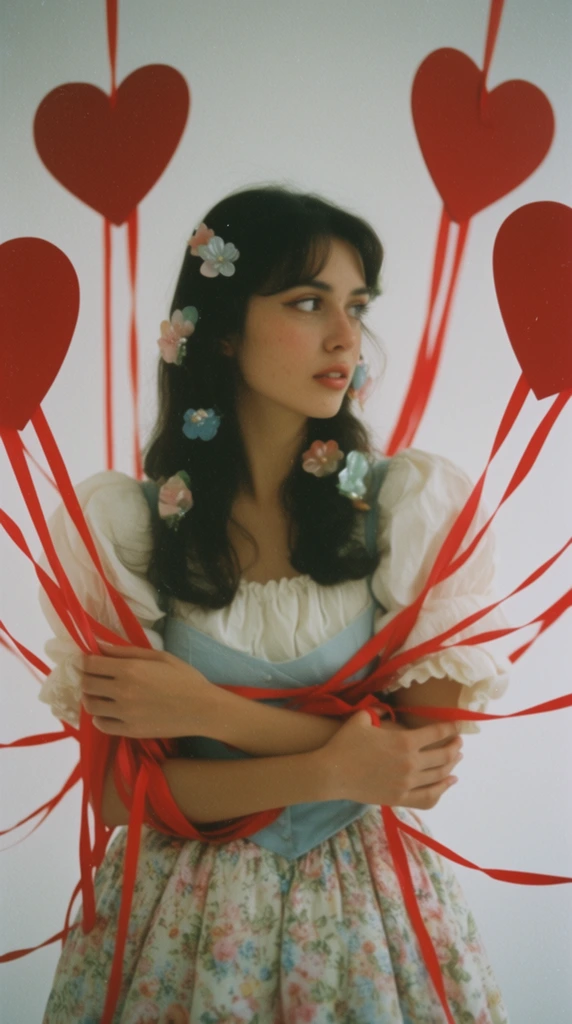 A young woman stands against a stark white backdrop, gently entangled in vibrant red ribbons connecting to suspended flat red heart shapes. She has dark hair accented with pastel flower clips and wears a vintage-style white puffed-sleeve blouse, a light blue bodice, and a floral skirt. Looking to her right, her arms cross over her chest to hold the ribbons draped around her torso. The softly lit composition features a vintage film photography aesthetic with distinct grain, low contrast, and muted pastel tones punctuated by the striking red props.