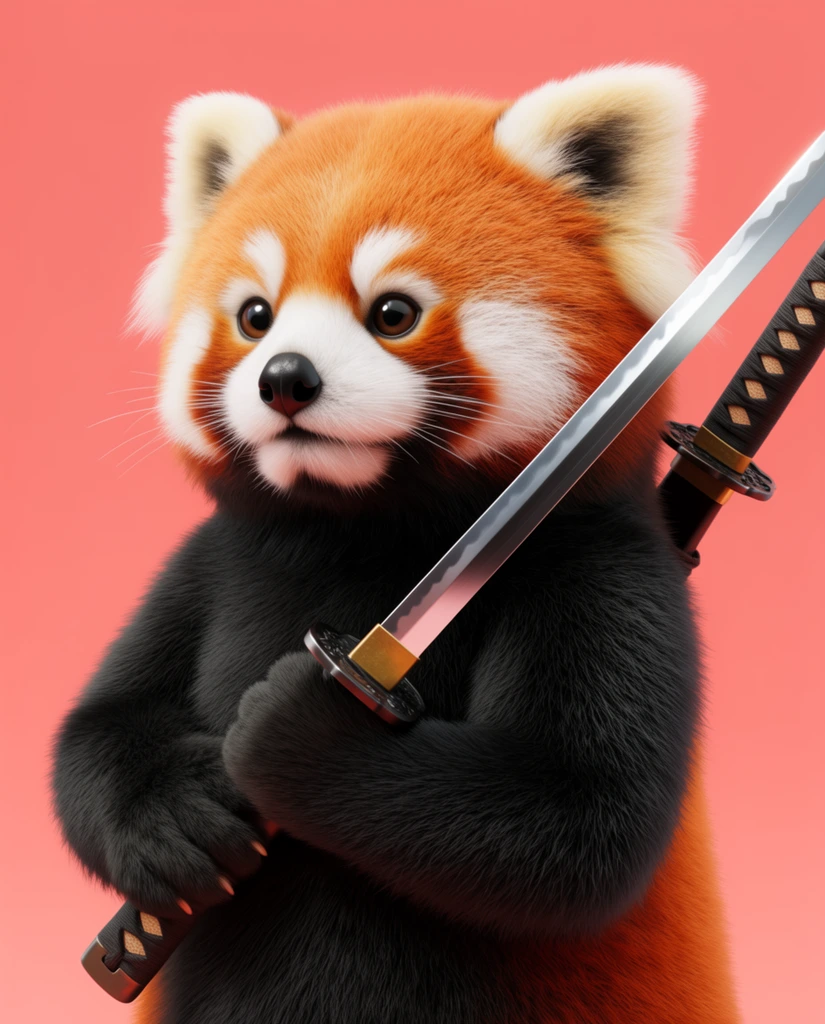 An anthropomorphic red panda stands upright against a seamless coral-pink backdrop. The hyper-textured, fluffy character features vibrant orange-red head fur, white facial markings, glossy dark eyes, and dense black fur on its torso. It grips a metallic katana diagonally across its chest with both paws, while a second sword hilt is strapped to its back. Soft studio lighting accentuates the photorealistic individual fur strands and the sharp, reflective steel blade, contrasting adorable plush characteristics with martial weaponry in a sharp, stylized 3D render.