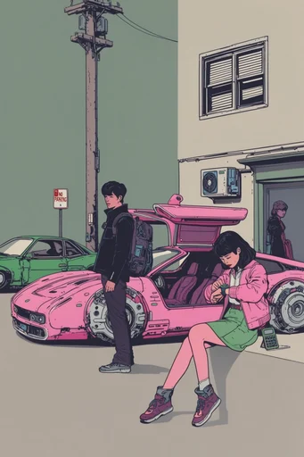 Gritty Neon Pop-Retro style reference image — retro-futuristic comic illustration