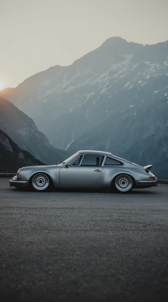 A classic silver sports car with a dramatically lowered stance sits parked on an alpine road against a backdrop of towering, hazy peaks. The vintage coupe features a sloping rear roofline, a subtle rear spoiler, and deep-dish multi-piece silver wheels tucked tightly under flared wheel arches. The vehicle rests entirely in profile on textured gray asphalt. Majestic mountain ranges recede into the background, their rocky surfaces dotted with patches of snow. Captured with a telephoto lens to compress the expansive landscape against the sleek subject, the photograph utilizes a moody, cinematic palette of cool grays and steel blues. A soft golden glow from the sun crests the far left mountain, cutting through the atmospheric haze.