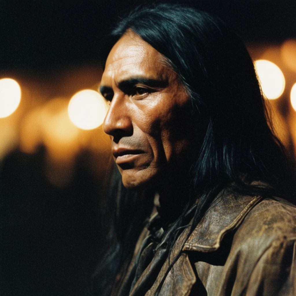 close-up profile of a middle-aged Indigenous man with sharp cheekbones and long black hair, deep contemplative expression looking left, wearing a weathered leather duster, dramatic high-contrast chiaroscuro lighting on his face, deep shadows on the right, cinematic 35mm film photography, heavy film grain, shallow depth of field, dark night background, large blurred warm bokeh circles