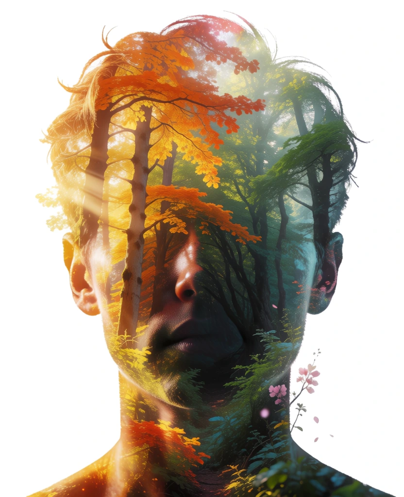 A double exposure digital art piece merges the profiles of a man and a woman facing away from each other with a dense, atmospheric forest scene against a stark white background. On the left, a woman's profile faces outward, her features and hair overlaid with an autumn forest filled with golden-yellow leaves and bright sunbeams filtering through the tall, slender tree trunks. On the right, a man’s profile faces the opposite direction, characterized by short, textured hair and light beard stubble, with his silhouette containing a misty forest rendered in cool, deep blue and teal tones. The central area where the two heads meet features a vanishing forest path, transitioning from the warm, sun-drenched light of the left to the shadowy, atmospheric fog of the right. The composition is perfectly centered and symmetrical, creating a vertical split in color temperature between warm orange and cool blue. At the bottom of the image, the text "ECHOES OF THE SOUL" is centered in a clean, thin, capitalized sans-serif font in a dark gray color. The lighting within the silhouettes is ethereal, with rays of light appearing to burst from the center of the composite shape, while the external outlines remain sharp against the empty white space.