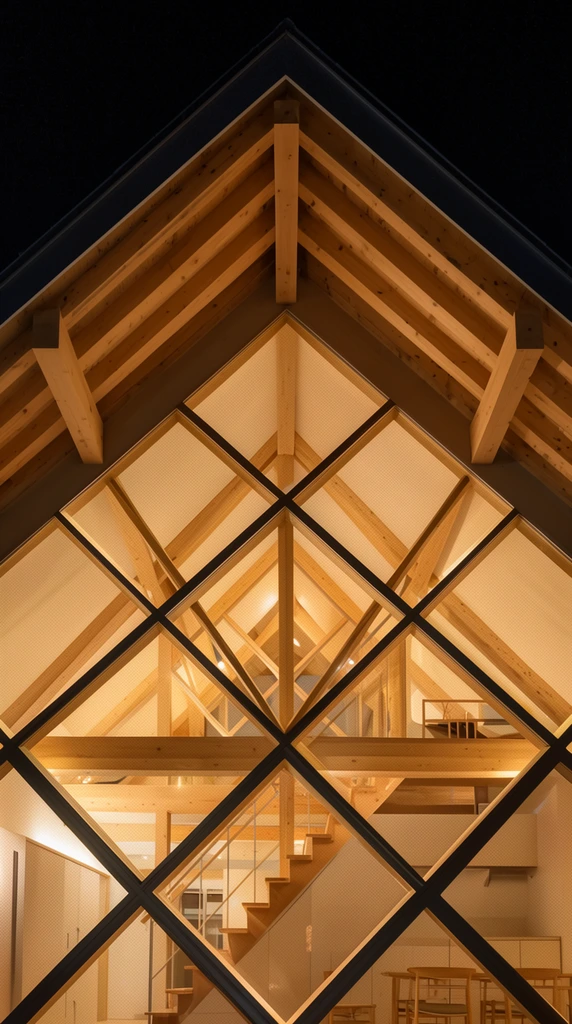 modern triangular building facade at night, large diamond-shaped glass panels forming a diagonal grid, fine mesh screens inside windows, brightly lit interior glowing with warm amber light, exposed light wood roof trusses and intersecting beams, visible wooden staircase and furniture, pitch black night sky, symmetrical low angle perspective, architectural photography, sharp focus, structural elegance