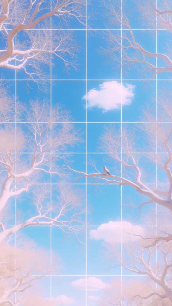 a bird perched on a horizontal branch within a dense thicket of leafless branches, dreamcore aesthetic, liminal space style, vibrant pastel color palette of baby pink and mint green, prominent white square grid overlay across the bright blue sky and every branch, isolated fluffy white clouds, slightly hazy retro digital filter, surreal and nostalgic atmosphere, flat high-key lighting, minimalist composition, synthetic vaporwave textures, uncanny and sterile quality.