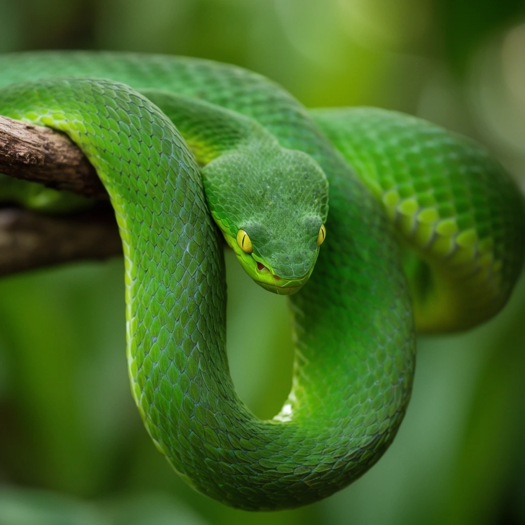 vibrant green pit viper coiled on a brown branch, sharp head resting on a hanging U-shaped body loop, yellow eyes, textured scales, macro photography, shallow depth of field, blurred foliage background
