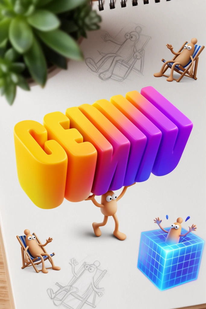 massive segmented 3D extruded shape with a vibrant yellow to purple gradient carried by a tiny tan cartoon figure with spindly limbs and googly eyes, laid out on a white sketchbook page, surrounded by smaller spot illustrations of the figure lounging in a beach chair and bursting from a glowing blue wireframe cube, faint pencil sketches, blurred green succulent plant in top left foreground, crisp 3D digital art style, soft directional lighting, drop shadows