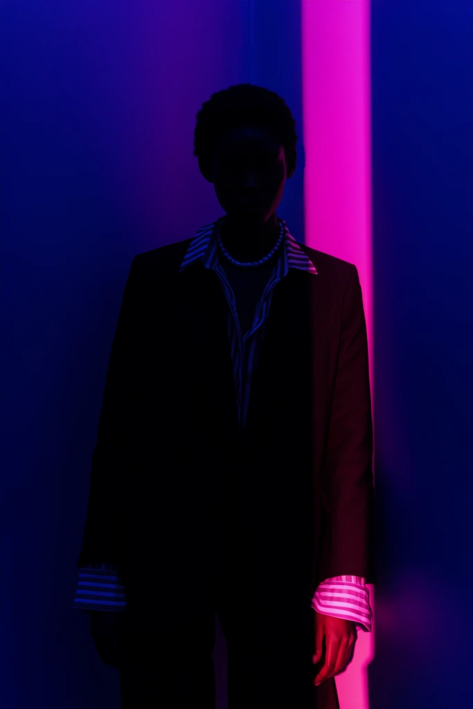 A figure wearing a dark blazer, striped shirt, and pearl necklace stands in deep silhouette against a corner wall. High-contrast neon lighting obscures their face in heavy shadow. A stark vertical beam of vibrant magenta light cuts across the deep blue background, brightly illuminating the subject's right cuff in this cinematic neon-noir fashion portrait.