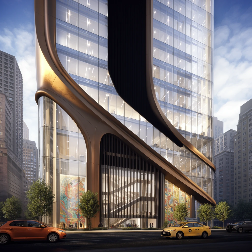 A photorealistic low-angle architectural rendering of a modern skyscraper dominating a city street. The facade features a massive sweeping bronze-toned structural ribbon curving diagonally across expansive glass curtain walls, revealing brightly illuminated interior floors. An opaque black vertical panel anchors the center. The ground level entrance is enclosed by tall vertical louvers, an interior staircase, and vibrant murals visible behind flanking glass panes. Small trees line a paved road occupied by an orange hatchback, a yellow taxi, and a dark SUV. Dense city high-rises fill the background under a partly cloudy blue sky, with warm directional sunlight highlighting the highly reflective glass and metallic exterior surfaces.
