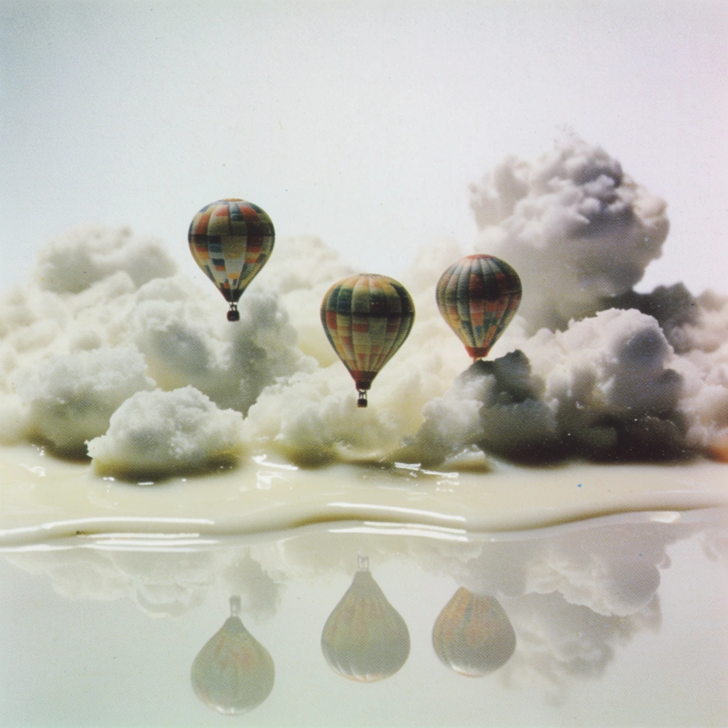 Three miniature hot air balloons suspended among dense, sculptural white cloud formations within a meticulously staged macro diorama. The floating subjects are positioned immediately above a viscous, opaque, milky-white liquid surface that creates precise, glossy reflections of the balloons and clouds on its slick surface. The entire scene is enveloped in a seamless, bright white studio background that blends continuously with the liquid base. Captured with vintage macro photography techniques, the image features soft, evenly diffused overarching lighting, a focused depth of field, and a distinctly muted, low-contrast color palette. The visual texture includes prominent analog film grain, subtle color fringing, and the characteristic halftone dot pattern of an archival magazine print scan.